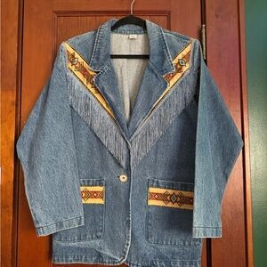 Denim Fringe Jacket with Patterned Accents